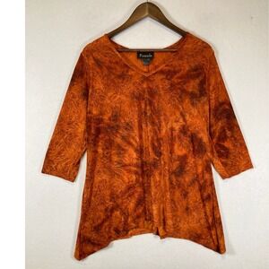 Earthy Artistic Frazzle Women XL Burnt Orange Abstract Sharkbite Hem Tunic Top